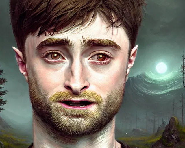 Image similar to highly detailed portrait of daniel radcliffe as a fantasy bald elf, in skyrim, stephen bliss, unreal engine, fantasy art by greg rutkowski, loish, rhads, ferdinand knab, makoto shinkai and lois van baarle, ilya kuvshinov, rossdraws, tom bagshaw, global illumination, radiant light, detailed and intricate environment