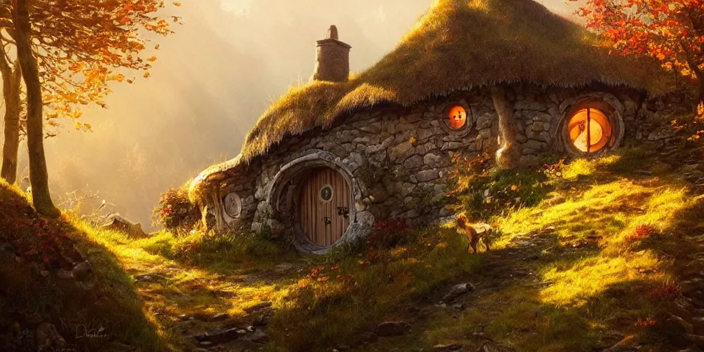 Image similar to a hobbit cottage on top of a steep hill, greg rutkowski, zabrocki, moebius, karlkka, jayison devadas, highly detailed, autumn sunlights, smoky atmosphere, ( ray of sunlight ), trending on artstation, 8 k, ultra wide angle, zenith view, pincushion lens effect