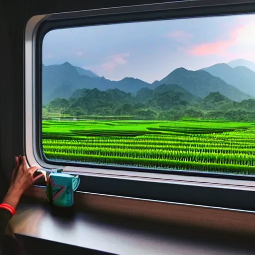 Prompt: epic rice fields and mountains octane render beautiful render global illumination view from inside the high speed train of taichung, taiwan, 6 pm sun, slightly desaturated