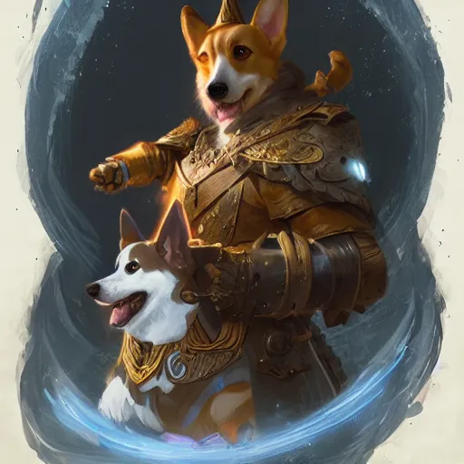 Prompt: d & d character art for a corgi, wizard, spellcaster, arcane, mystical, magical, fantasy, glowing, extremely detailed, intricate, hyperrealistic, beautiful digital illustration, greg rutkowski, trending on artstation, 8 k