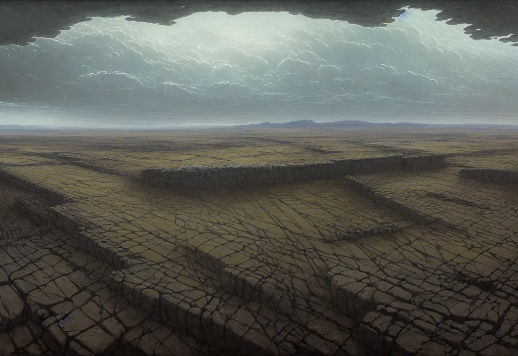 Prompt: The landscape of a flat wasteland with gray dry land, enclosed in incredibly gigantic enormous smoothed stone walls. The walls are so far apart that they disappear over the horizon. Art by Finnian MacManus, Simon Stalenhag, Arthur Rackham. Masterpiece, fantasy art, cinematic, hyperdetailed, photorealistic, hyperrealism, octane rendering, 8k, aerial view