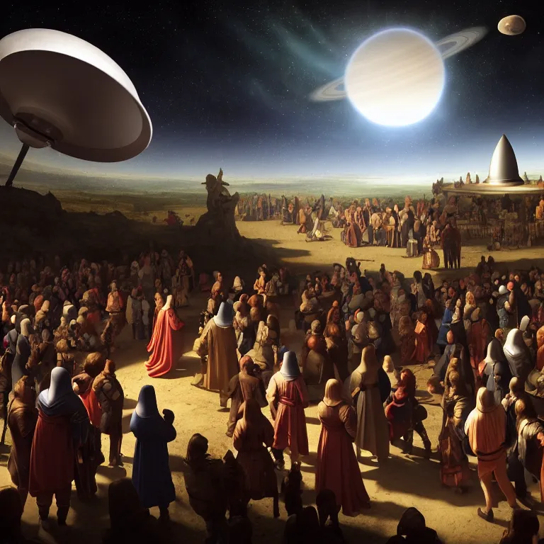 Image similar to crowd of medieval people surrounding UFO flying saucer on exoplanet, dream-like atmosphere, baroque portrait painting, perfect portrait composition, beautiful detailed intricate insanely detailed octane render trending on Artstation, 8K artistic photography, photorealistic, soft natural volumetric cinematic perfect light, chiaroscuro, award-winning photograph, masterpiece, Raphael, Caravaggio, Greg Rutkowski, Beeple