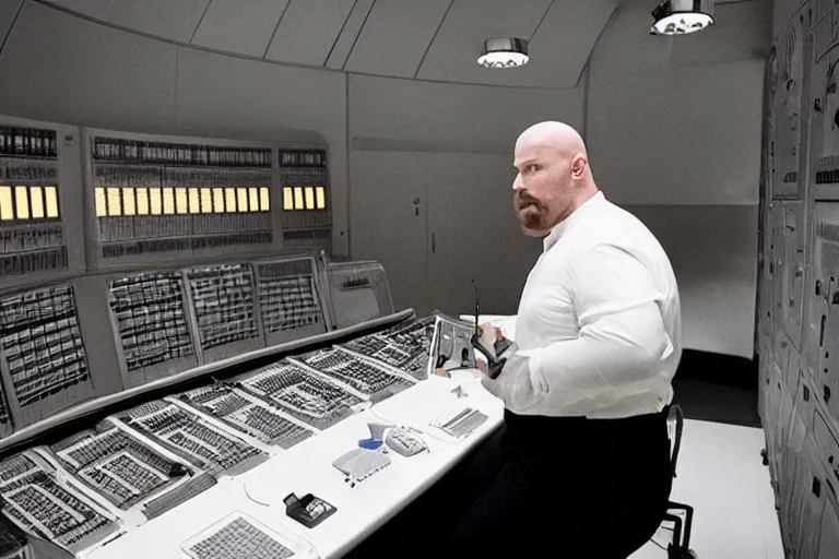 Image similar to heavyset bald man wearing a white shirt and genes working in a nuclear silo control room by Roger Deakins