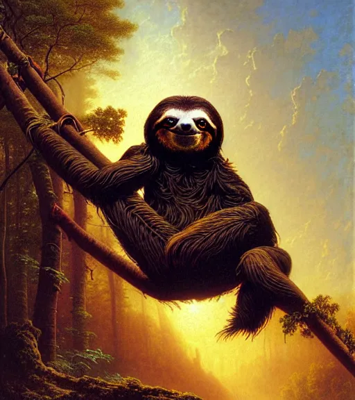 Image similar to a sloth regretting its life choices by albert bierstadt and dan mumford and mœbius, hyperrealism, highly detailed, intricate details