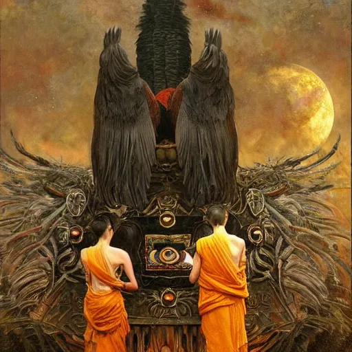 Image similar to giant crow worshipped by buddhist monks, painting by gaston bussiere, craig mullins, j. c. leyendecker, lights, art by ernst haeckel, john william godward, hammershøi,,