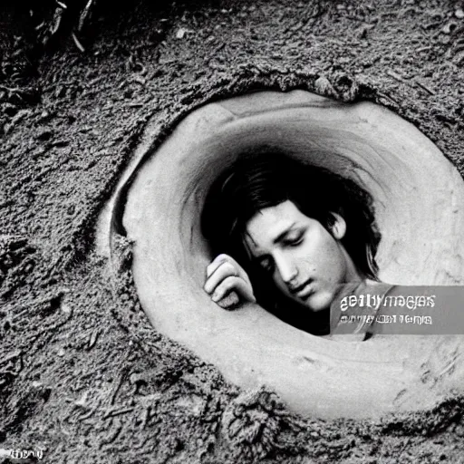 Prompt: a person laying in hole. ap photograph 1 9 7 5