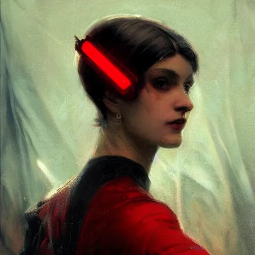 Prompt: Solomon Joseph Solomon and Richard Schmid and Jeremy Lipking victorian genre painting portrait painting of a young beautiful woman retro noir cyberpunk future hacker punk rock in fantasy costume, red background