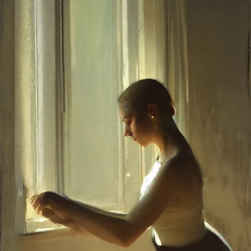 Prompt: portrait of a emotional dancer practicing alone, soft window light, long shadows, by craig mullins, edgar degas.