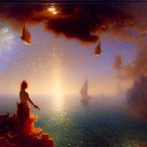 Image similar to point of view of deep in the ocean looking up, you see fishes, higher the milk way, night time, midnight. highly detailed painting by gaston bussiere, greg rutkowski 8 k