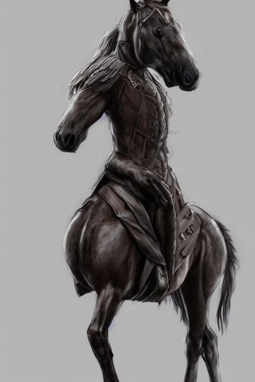 Image similar to concept art of hybrid human and horse wearing coat, anthropomorphic horse wearing a coat and standing on two legs like human, digital art, photo realistic, artstation, highly detailed