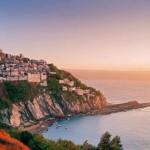 Image similar to city on a cliff, small city on hillside cliff, golden hour