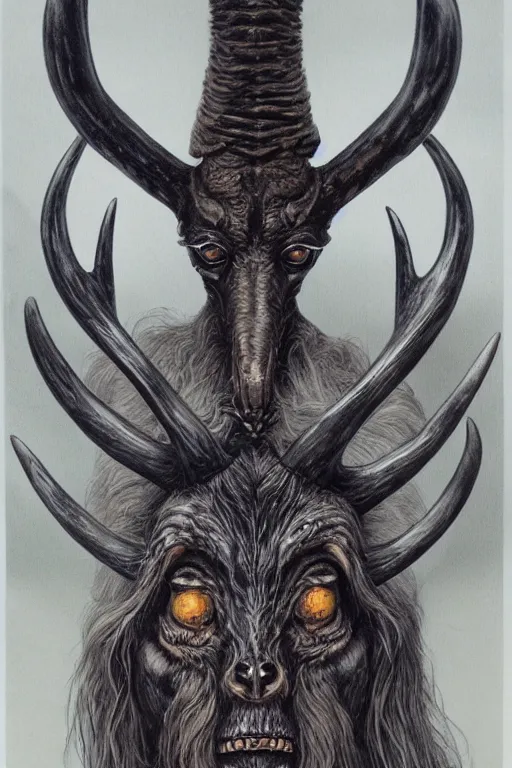 Image similar to sideview waist up portrait of baphomet with big antler, starship made with porcelain by jeff easley and peter elson, beautiful eyes and face, symmetry face, galaxy, gothic, surreal, dread, highly detailed, intricate complexity, epic composition, magical atmosphere, masterpiece, award winning, trending on artstation