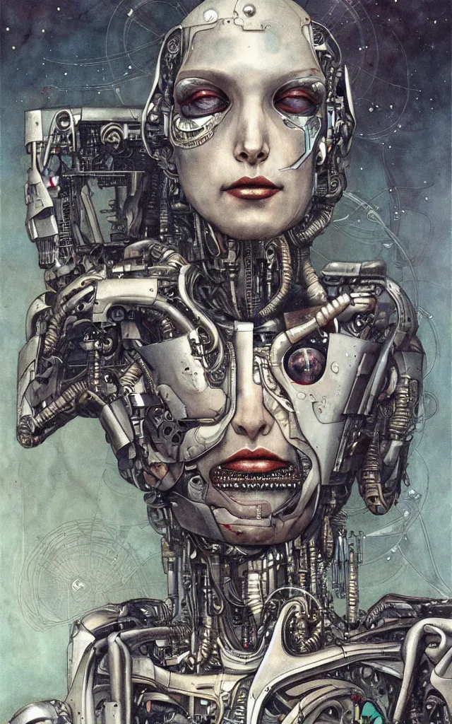 Image similar to futurist cyborg empress, perfect future, award winning art by santiago caruso, iridescent color palette