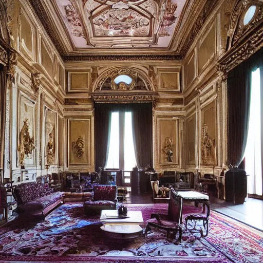 Prompt: giant Italian royal castle living room that is 300 feet tall, with very tall giant walls filled with modern art paintings, doors that are cosmic portals, photo by Annie Leibovitz