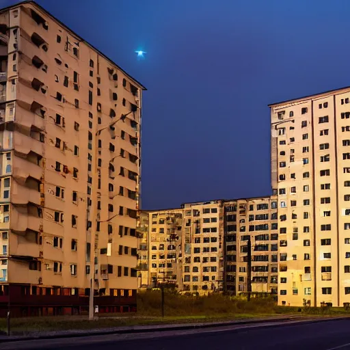 Prompt: An average post-soviet Polish residential block at night, only one window is lit, dark