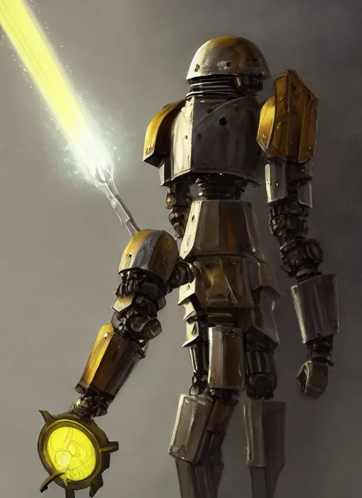 Prompt: full body, attack position abstract portrait of a intricate glorious holy mechanical warforged with circular glowing eye, character in yellow armor holding a paladin engraved great longsword drawn and carrying a big paladin shield, vertically flat head, face in focus, pit droid, epic , trending on ArtStation, masterpiece, cinematic lighting, by Ross Tran and by Greg Rutkowski