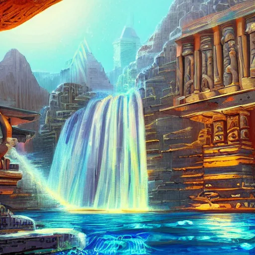 Image similar to ancient egypt cityscape in the space with waterfalls, retrowave epic art, trending on art station