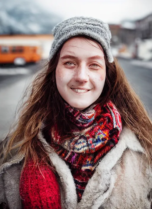 Image similar to Mid-shot portrait of a beautiful 20-year-old woman from Iceland, smile, candid street portrait in the style of Martin Schoeller award winning, Sony a7R