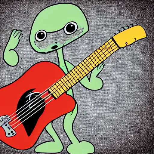 Image similar to salamander playing guitar, rubber hose animation style, cup head style