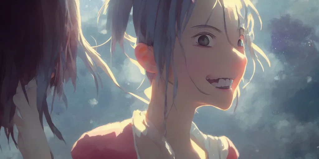 Image similar to a girl with a happy face wakes up in the morning, close up shot from the top, anime art, Greg Rutkowski, studio ghibli, dramatic lighting