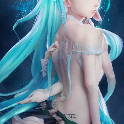 Image similar to clear portrait of anime girl hatsune miku, which is drowned in water, water, light effect, anime style hyper detailed, illustration, bloody, intricate, elegant, digital painting, artstation, smooth, sharp focus, art by artgerm and greg rutkowski and alphonse mucha.