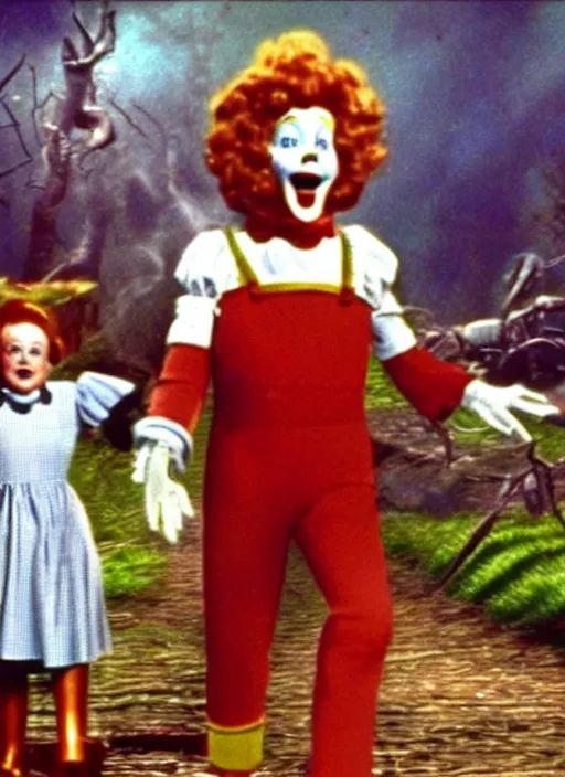 Image similar to an award winning scene still of ronald mcdonald in the wizard of oz movie, gloomy atmosphere, digitally enhanced colour restoration