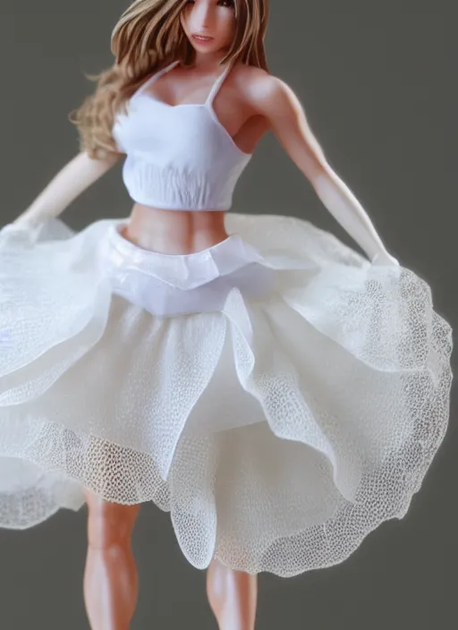 Image similar to Product Introduction Photos, 4K, Full body, 80mm resin detailed miniature of a very muscular lady in White and short lacy ruffled skirt, dark skin, Blonde hair