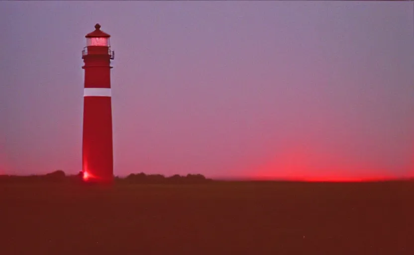 Image similar to red beam of light from lighthouse rotating over the field, night, unsettling, fire on the horizon, photo 1998