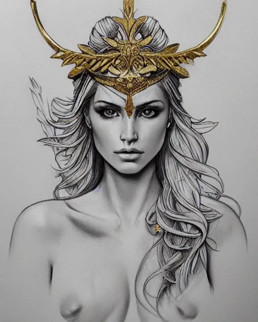 Image similar to tattoo design sketch of hot blonde super model as aphrodite greek goddess wearing a gold laurel wreath and triangle earrings, beautiful piercing gaze with sharp pupils, in the style of greg rutkowski, fantasy, amazing detail, epic, elegant, smooth, sharp focus, front view