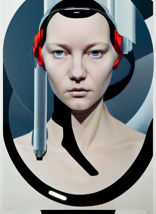 Image similar to artwork by james jean and Phil noto; a close up on the face of a beautiful woman in a future space suit; wearing futuristic astronaut helmet; highly detailed; pretty eyes; circular black pupils; artwork by james jean and Phil noto