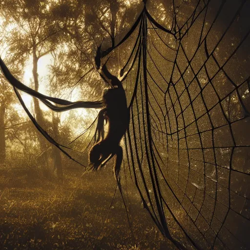 Prompt: a man stuck in a spider web, by weta digital, cinematic, wildlife photography, 4 k, moody lighting