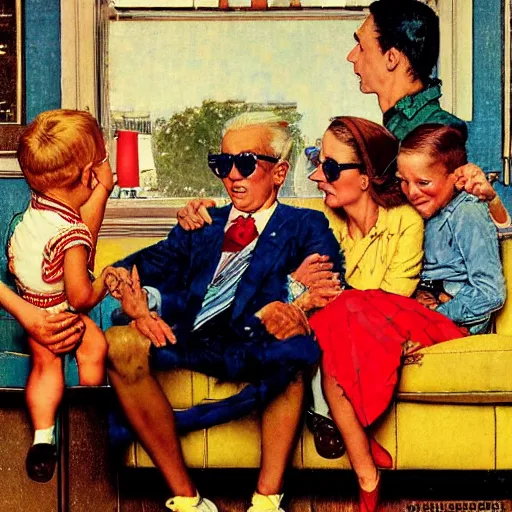 Prompt: a norman rockwell painting of a classic family watching television wearing brightly colored cheap sunglasses