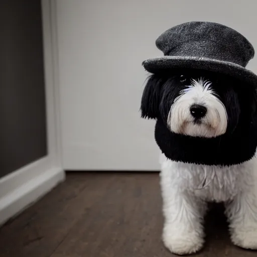 Prompt: closeup photo of a black coton-de-tulear dog, wearing a monocle and a fluffy hat, 50mm, dramatic lighting