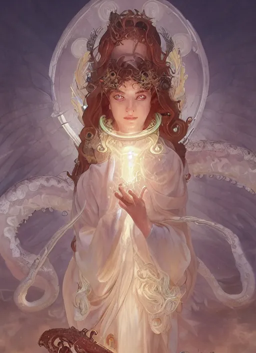 Image similar to holy cephalopod with many tentacles and angelic wings wearing long flowy white robes, fanart behance trending on artstation, concept art, matte, sharp focus, illustration, ascending to heaven, hearthstone, art by artgerm and greg rutkowski and alphonse mucha