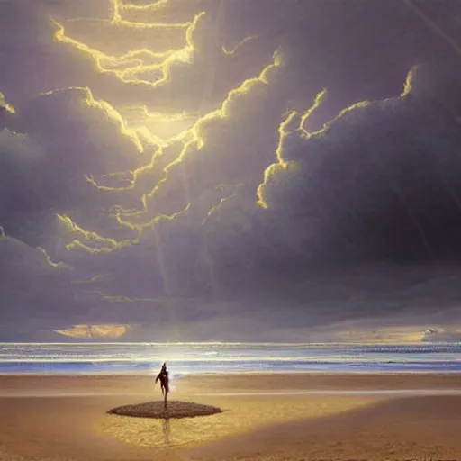 Prompt: a highly detailed tarot card of a large cross standing on the beach as a storm comes in with the tide, woman sitting in the sand watching the ocean, epic fantasy, god rays, rocky beach, ultrawide lense, aerial photography, unreal engine, exquisite detail, 8 k, art by albert bierstadt and greg rutkowski and thomas moran and alphonse mucha