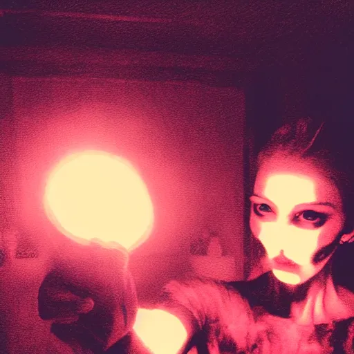 Prompt: A selfie of a woman in a dark room, with a spooky filter applied, in a Halloween style.