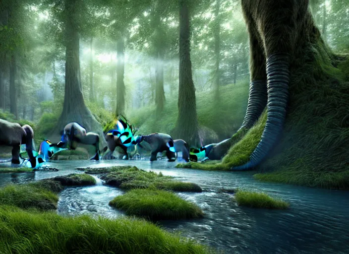 Image similar to hyperrealism, detailed textures, photorealistic 3 d render, a surreal mystical forest with a bright winding blue creek, wooly mammoths grazing, sharp focus, ultra realistic, ultra high pixel detail, cinematic, intricate, cinematic light, concept art, illustration, art station, unreal engine 8 k