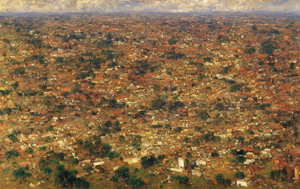 Prompt: city of abeokuta in nigeria from above, surrounded by walls, 1885, bright colors oil on canvas, by Ilya Repin