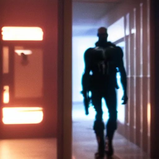 Image similar to a 4 k cinematic film still portrait of aphez twin breaking into the office from a gritty cyberpunk 2 0 0 0 s james cameron movie about the punisher. realism, cinematic lighting, 4 k. 8 mm. grainy. panavision.