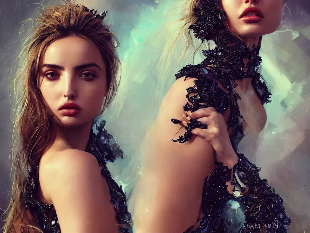 Image similar to !dream Ana de Armas wearing epic haute couture by Alexander McQueen, extremely beautiful and proportionate face, in the aesthetic of mert and marcus, masterpiece, intricate, elegant wardrobe, highly detailed, digital painting, artstation, concept art, crepuscular rays, smooth, sharp focus, illustration, neon cyberpunk colors, art by artgerm and james jean and greg rutkowski and alphonse mucha