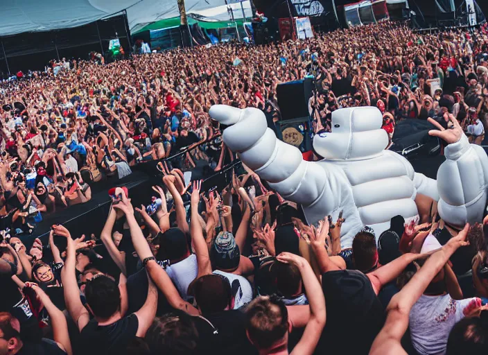 Image similar to photo still of the michelin man on stage at vans warped tour!!!!!!!! at age 3 8 years old 3 8 years of age!!!!!!! stage diving into the crowd, 8 k, 8 5 mm f 1. 8, studio lighting, rim light, right side key light