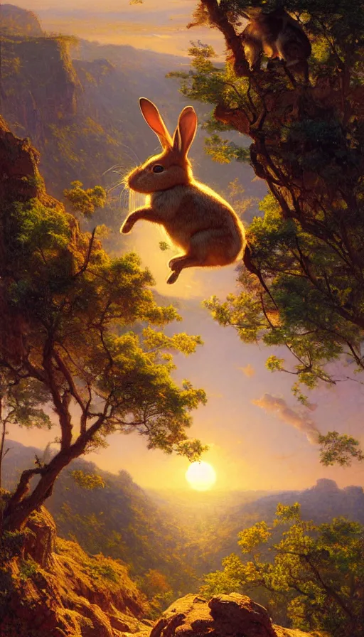 Image similar to hyper realistic rabbit looking off of a cliff, sun setting behind rabbit, lush forest in valley below, painted by gaston bussiere, craig mullins, j. c. leyendecker 8 k