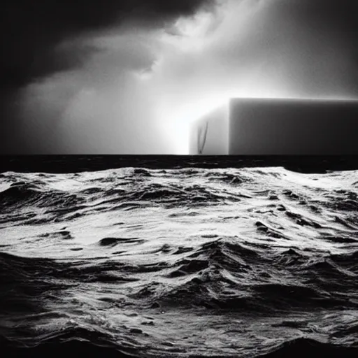 Image similar to a cube in the middle of the sea with images of a tumultuous storm at sea on its sides. in the style of Richard Serra. cinematic. black and white