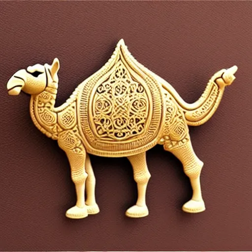 Prompt: gorgeous ornated 3 d printed realistic detailed sacred camel wall decoration with filigree