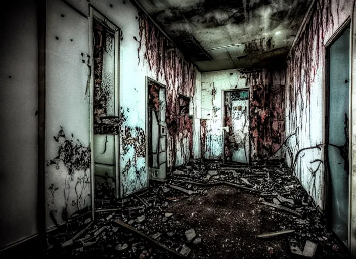 Prompt: creepy abandoned building at night, liminal space, nightmare fuel, grotesque, cursed, found footage, necromorph, back rooms