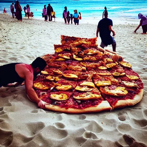 Image similar to “ a giant pile of pizza on the beach. contestants on the tv show survivor next to it excited. 8 k photo ”