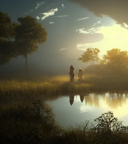 Image similar to three humanswith a reflection of three crows in a boat in a swamp, volumetric lighting, fog, majestic light, octane render, ethereal glare of the sun, hyperrealistic, epic, masterpiece, by makoto shinkai