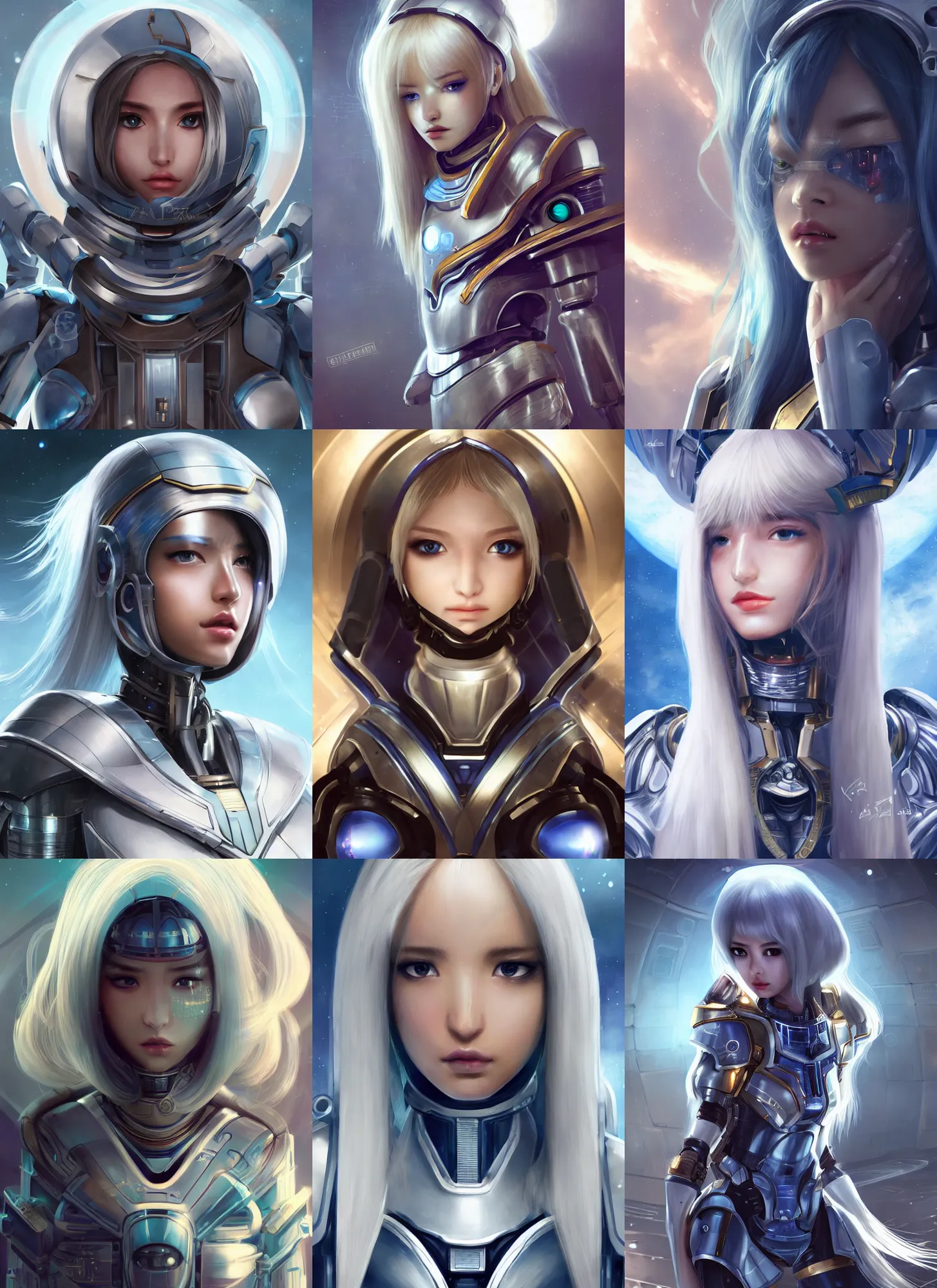 Prompt: perfect android girl, egyptian cyborg armor, beautiful face, scifi, futuristic, space station, laboratory, bae suzy, dreamy, long white hair, blue cyborg eyes, cinematic lighting, highly detailed, very cute, focused, artstation, divine, by gauthier leblanc, kazuya takahashi, huifeng huang, jama jurabaev