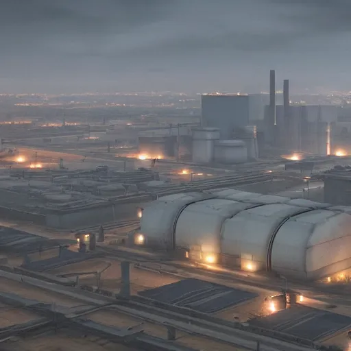 Prompt: an aerial view of an abandoned industrial terrain with giant nuclear plants and cooling towers, night time, shot from the blade runner 2049 movie, moody, dark, foggy