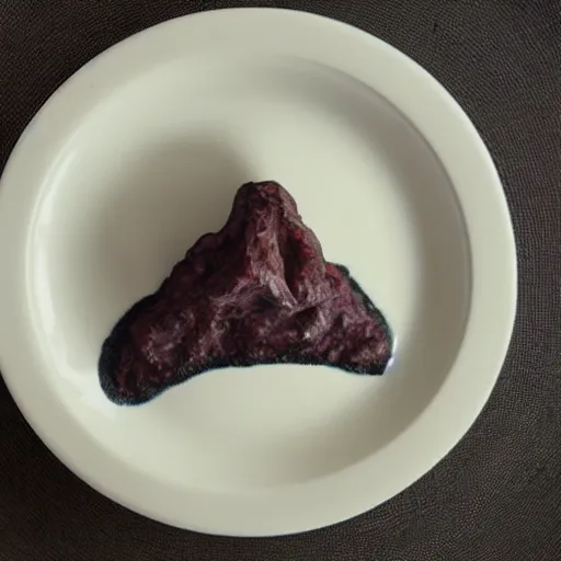 Prompt: miniature volcano on dinner plate